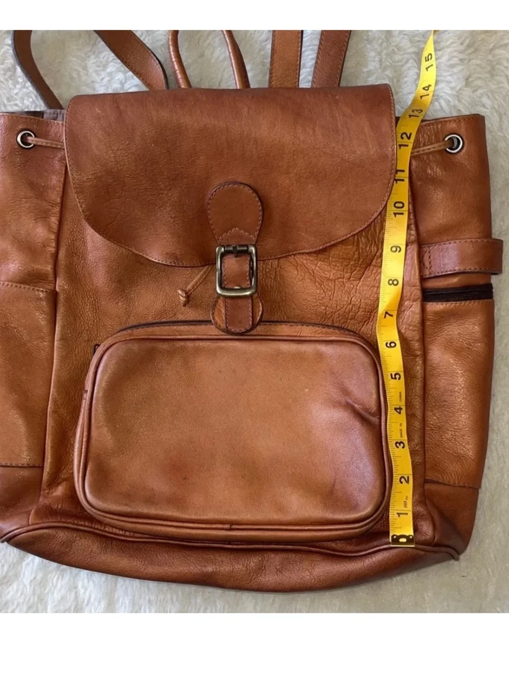 Cognac Brown Leather Backpack with Flap front & drawstring top